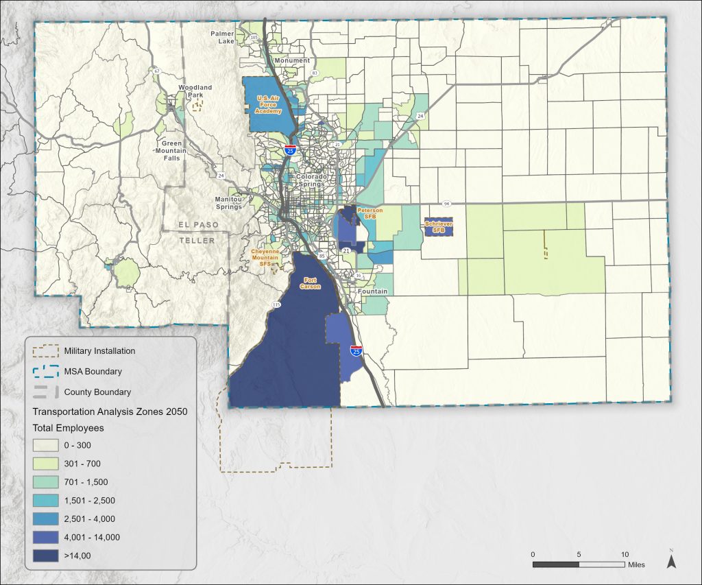 This map depicts the forecasted 2050 job total by TAZ. 