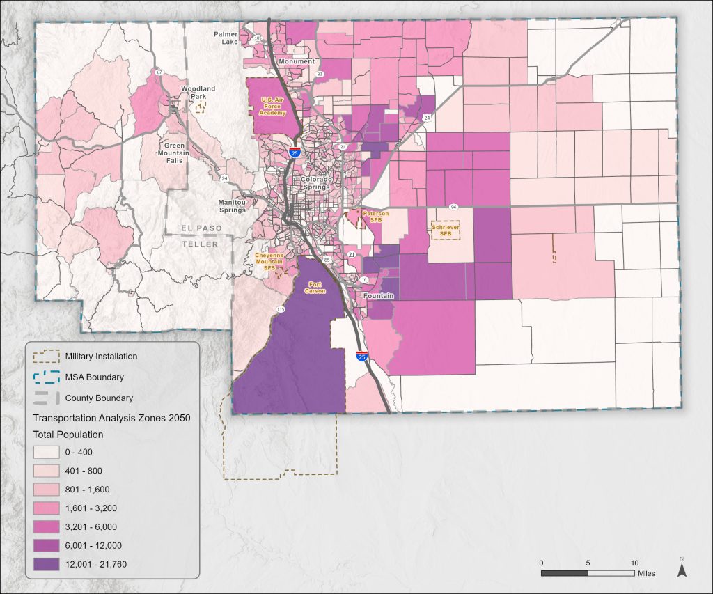 This map depicts the forecasted total population in 2050 by TAZ.
