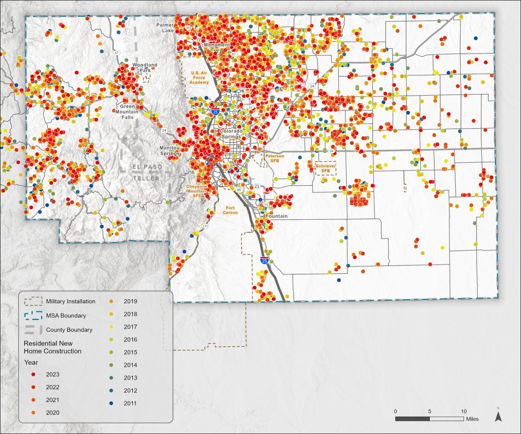 Map of new home construction labeled by year from 2011 through 2023.