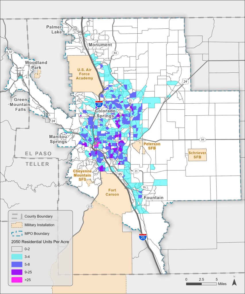 This map depicts the forecasted 2050 residential units per acre by TAZ. 