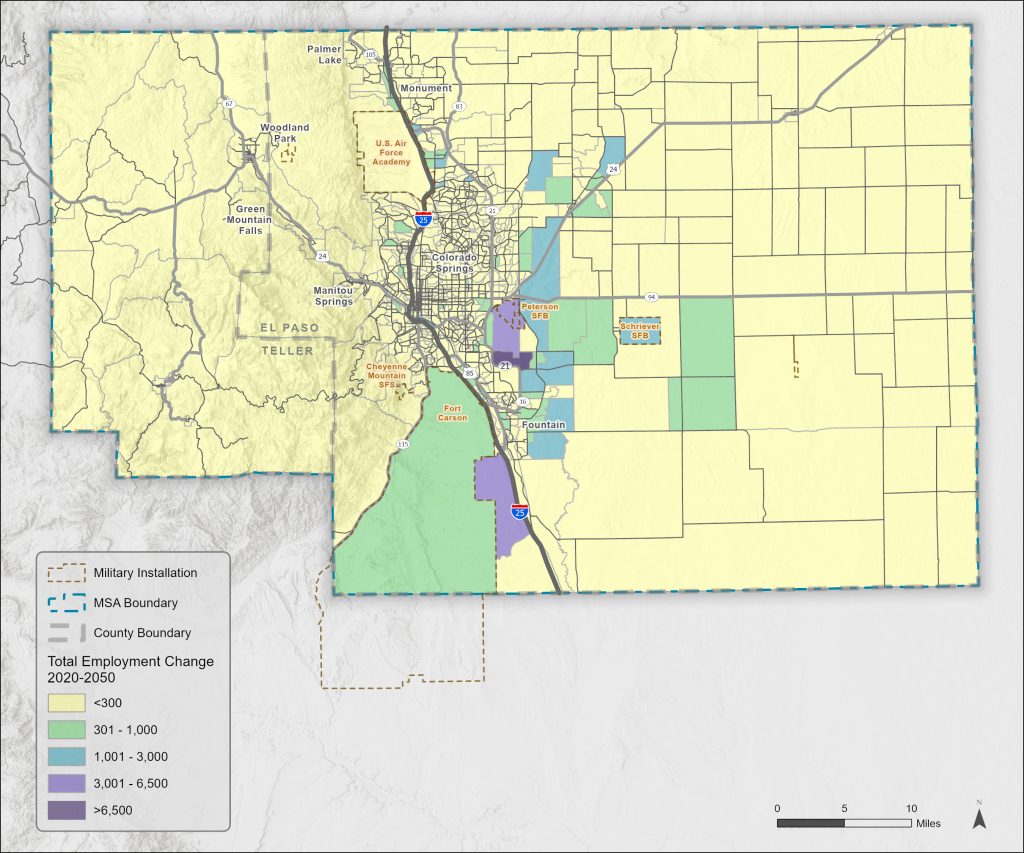 This map depicts the forecasted job change from 2020 to 2050 by TAZ.