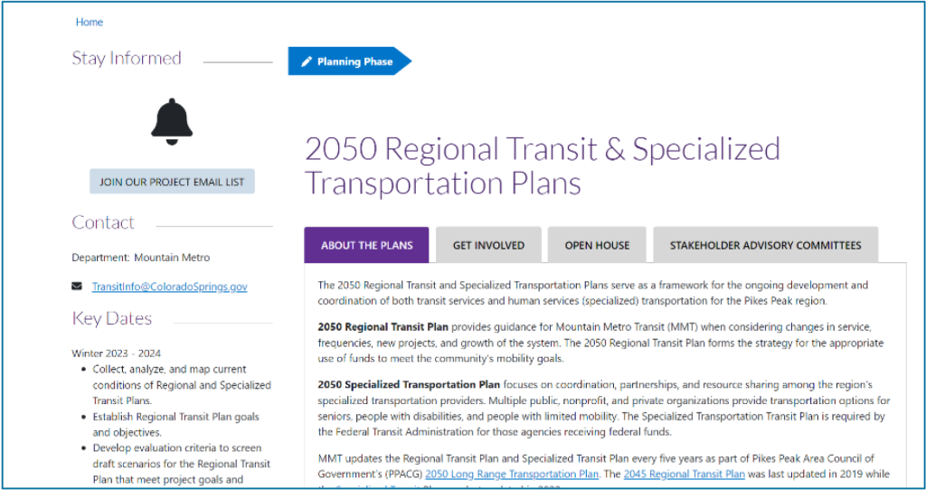 Screenshot of the website housing information on the 2050 Regional Transit and Specialized Transportation Plans.