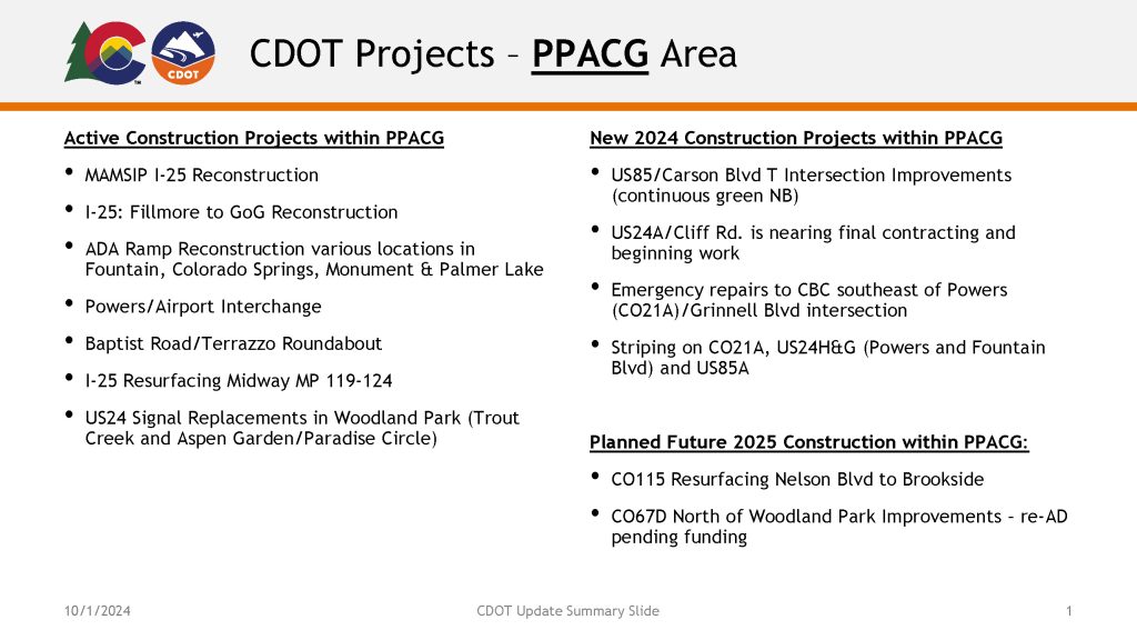 Summary of Colorado Department of Transportation project updates within the PPACG area as of October 2024