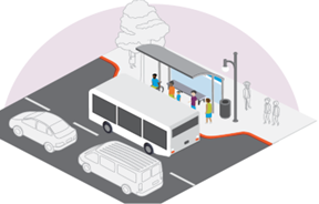 Isometric graphic of cartoon people standing at a curb extension underneath a bus shelter waiting to board a bus.
