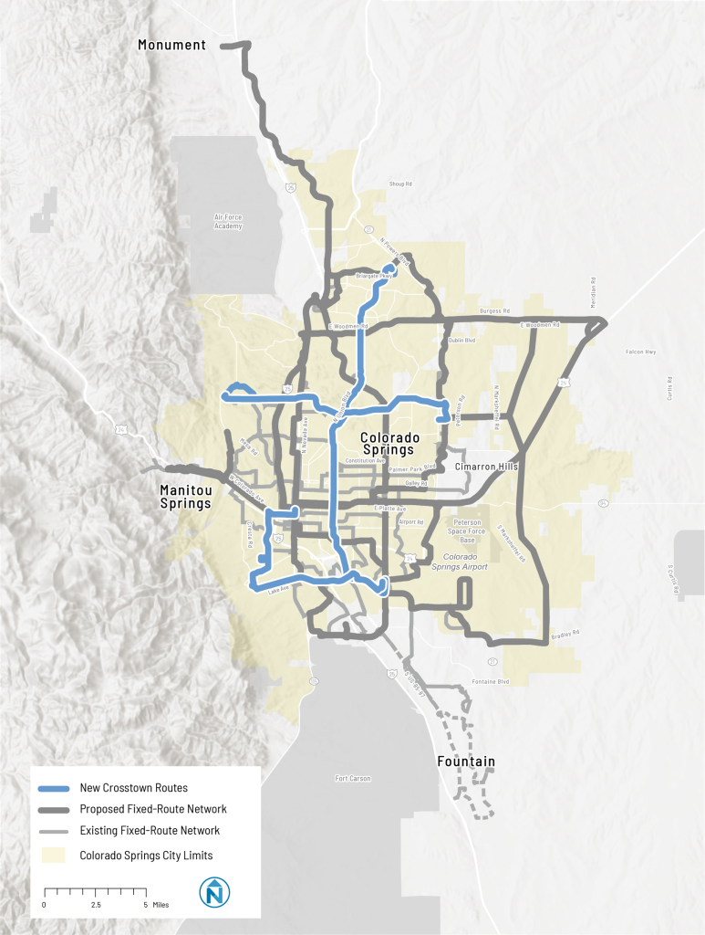 Map of the proposed fixed-route network in Colorado Springs, denoted with thick grey lines.