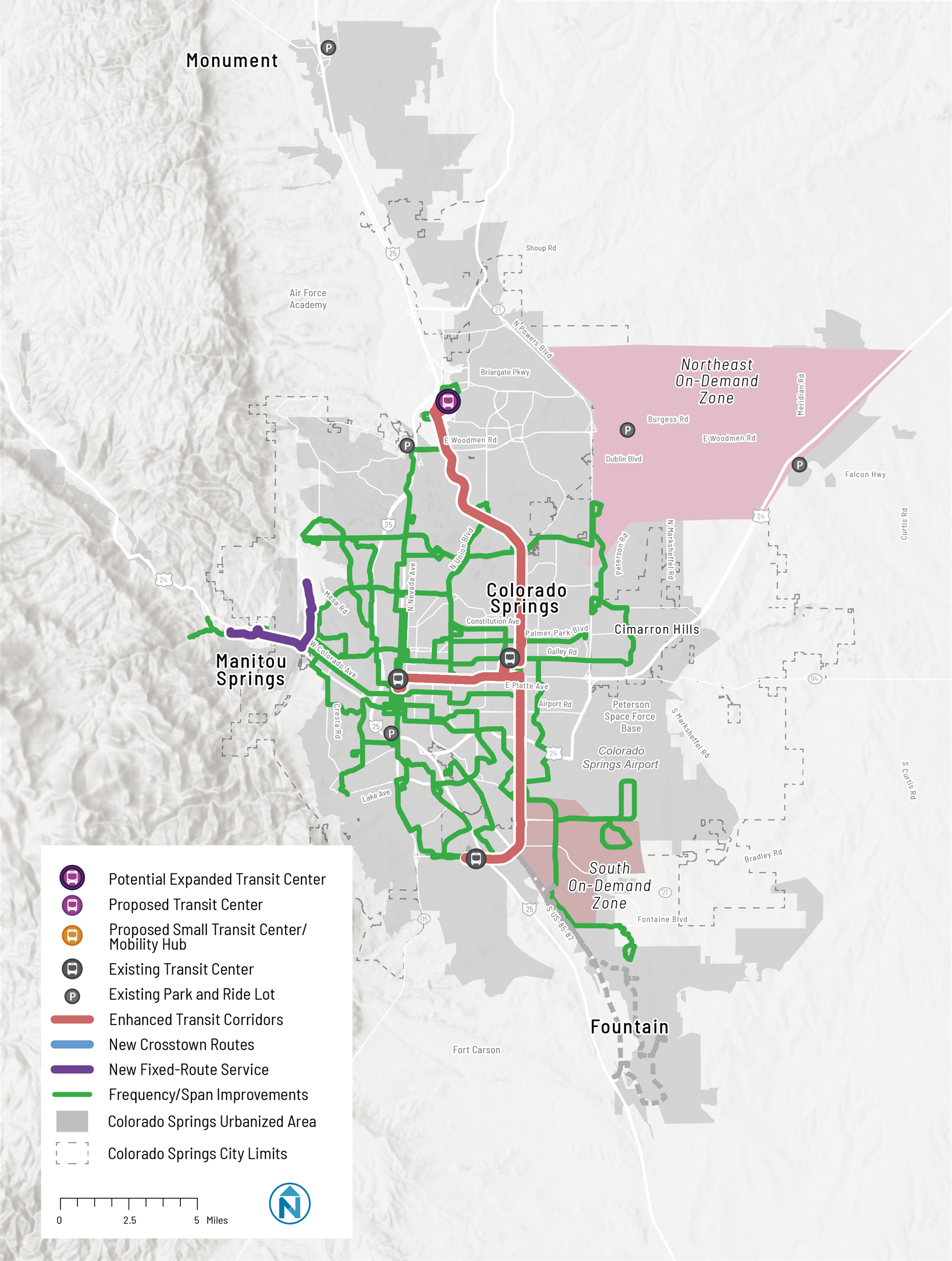 Map of the short-term projects for Colorado Springs in the regional transit plan.