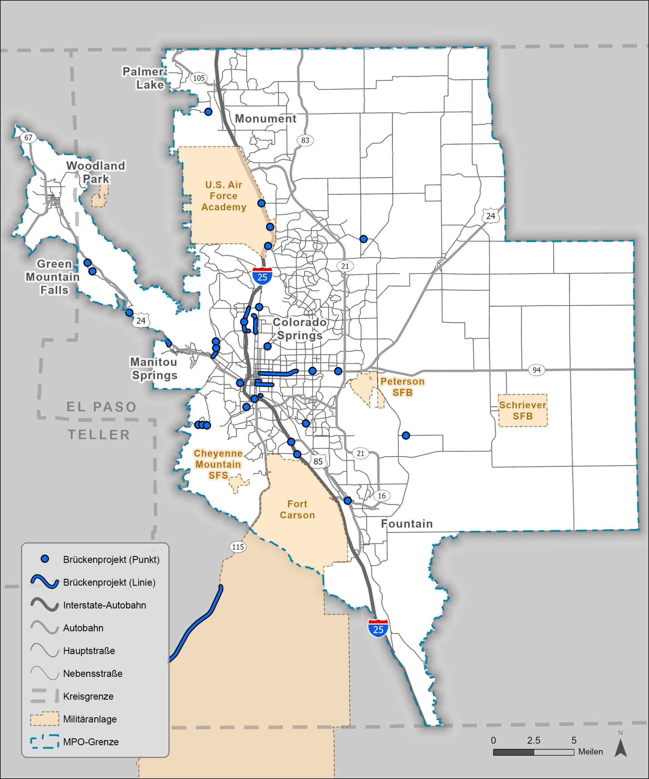 Eine Karte der Region Pikes Peak, die die Brückenprojekte im langfristigen Verkehrsplan 2050 darstellt.