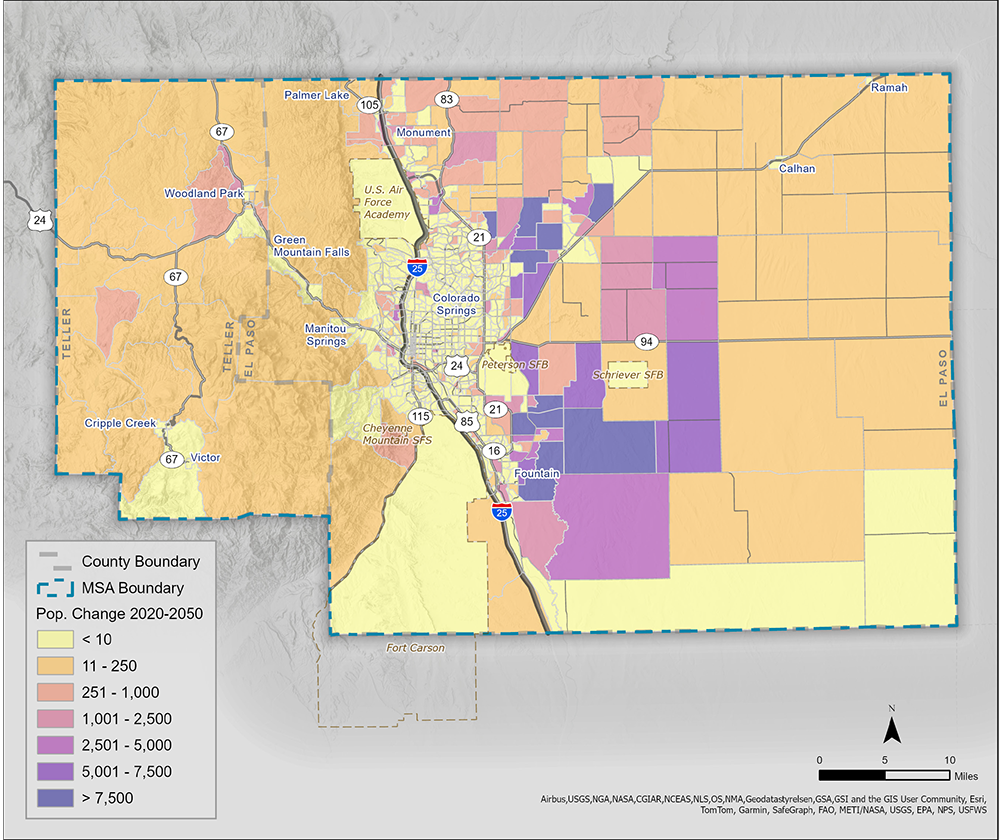 This map depicts the forecasted population change from 2020 to 2050 by TAZ. 