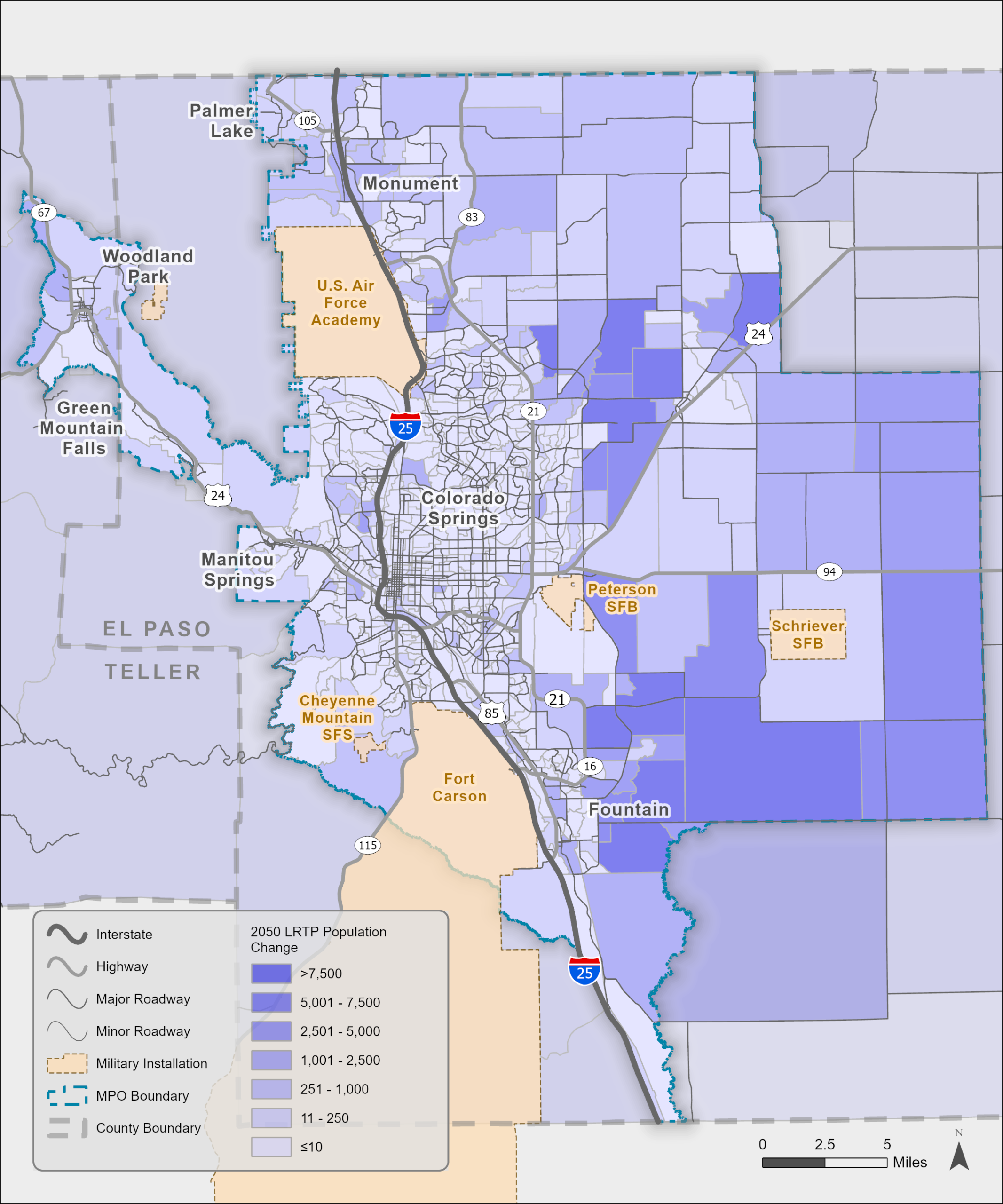 Map of forecasted 2050 LRTP population change
