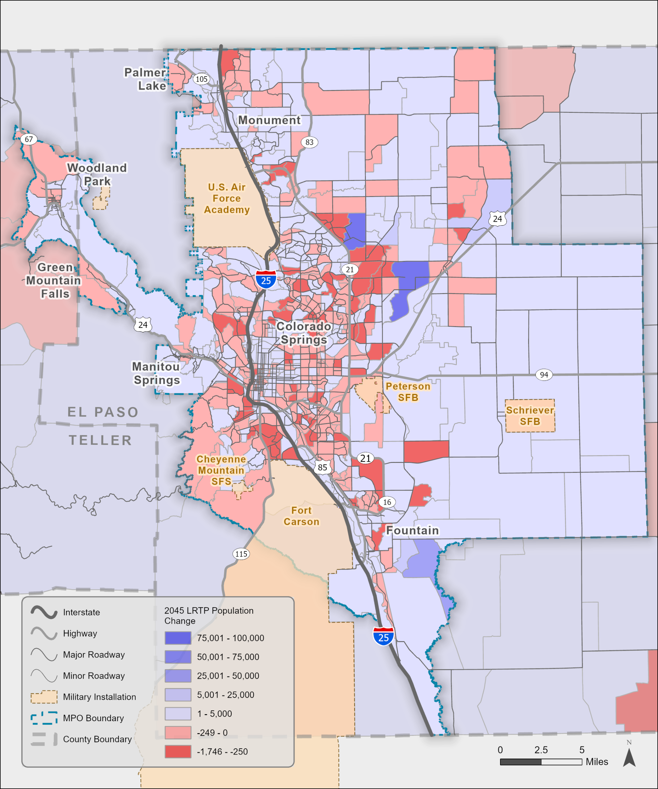 Map of population change in the 2045 plan, showing most growth occuring outside the urban area in three suburbs, with population decline in the urban area.