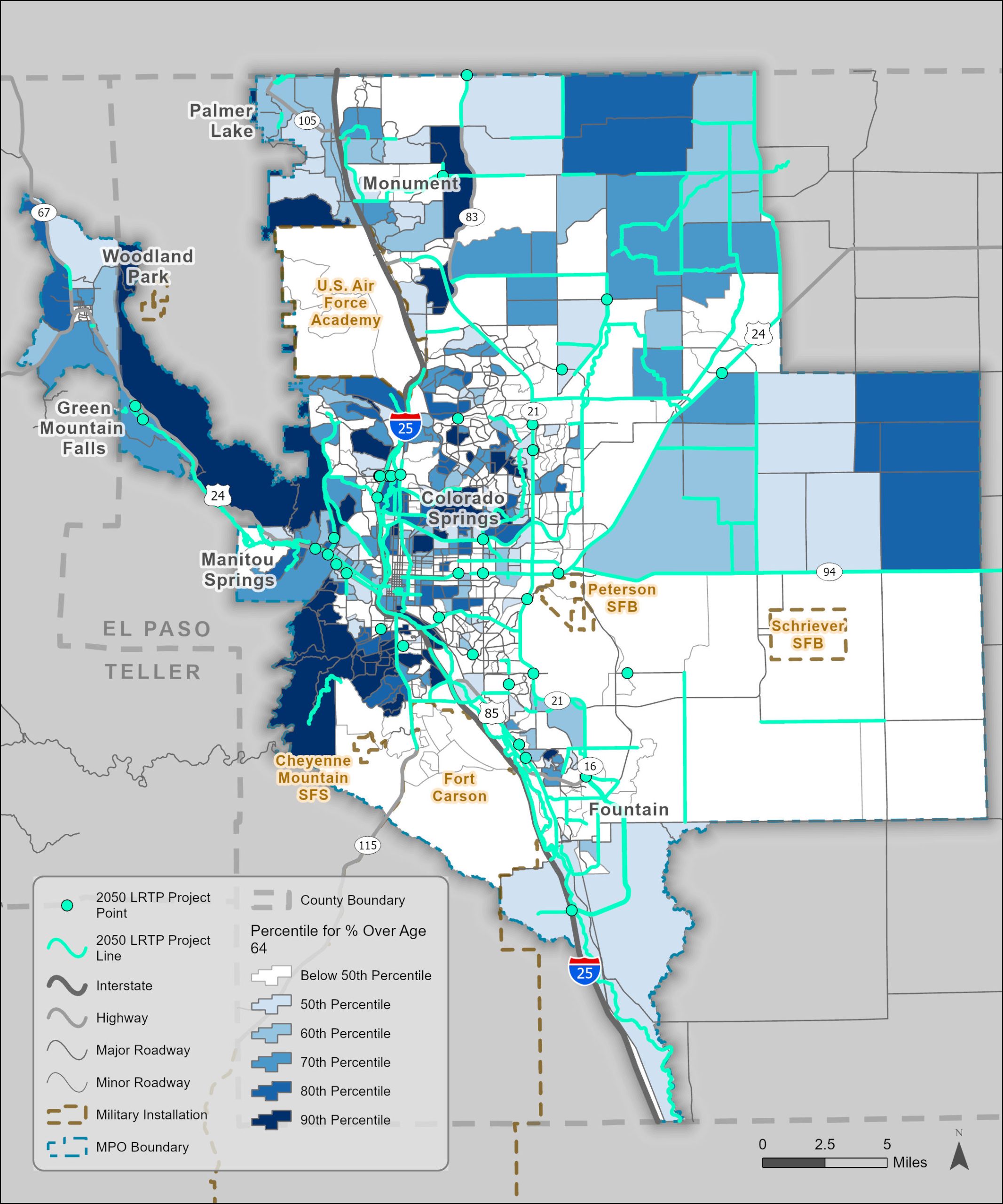 Map of the Pikes Peak MPO comparing 2050 LRTP Project sites to the Percentile of persons over the age of 64.