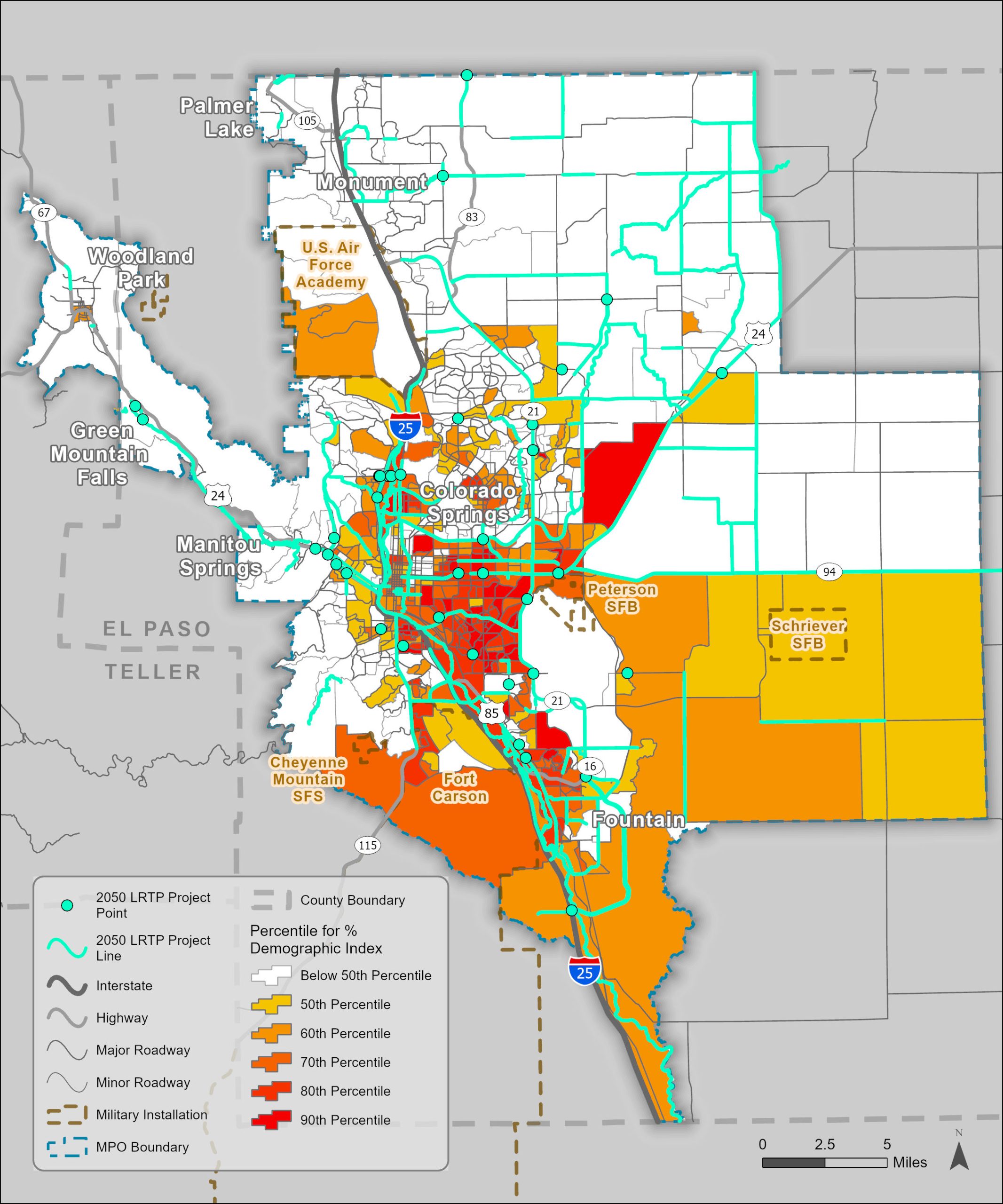 Map of the Pikes Peak MPS comparing 2050 LRTP Project sites with percentile of Demographic Index.
