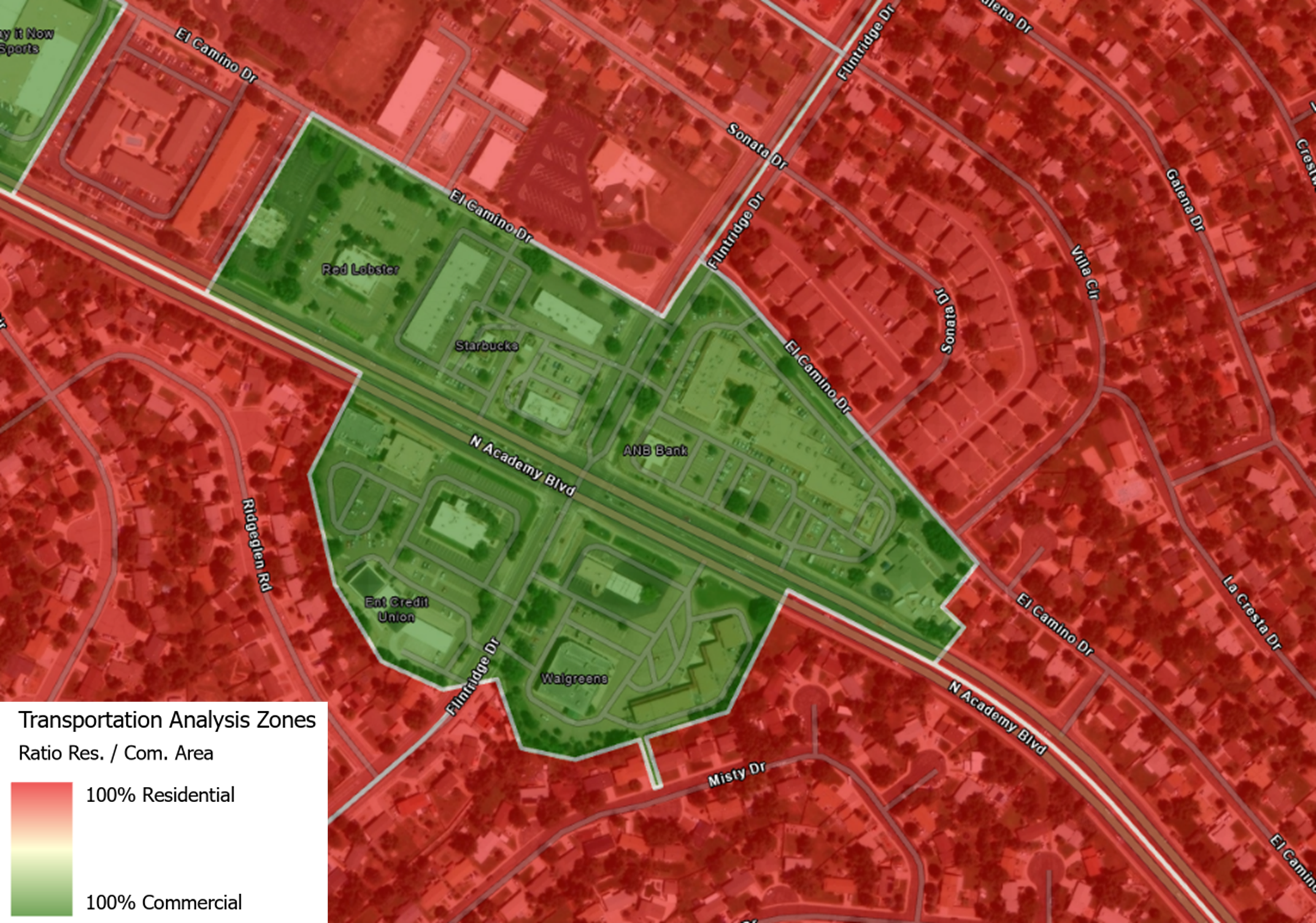 A detailed map of a 100% commercial TAZ surrounded by zones that are almost 100% residential, ensuring that all trips to and from the businesses in this zone are captured in the model