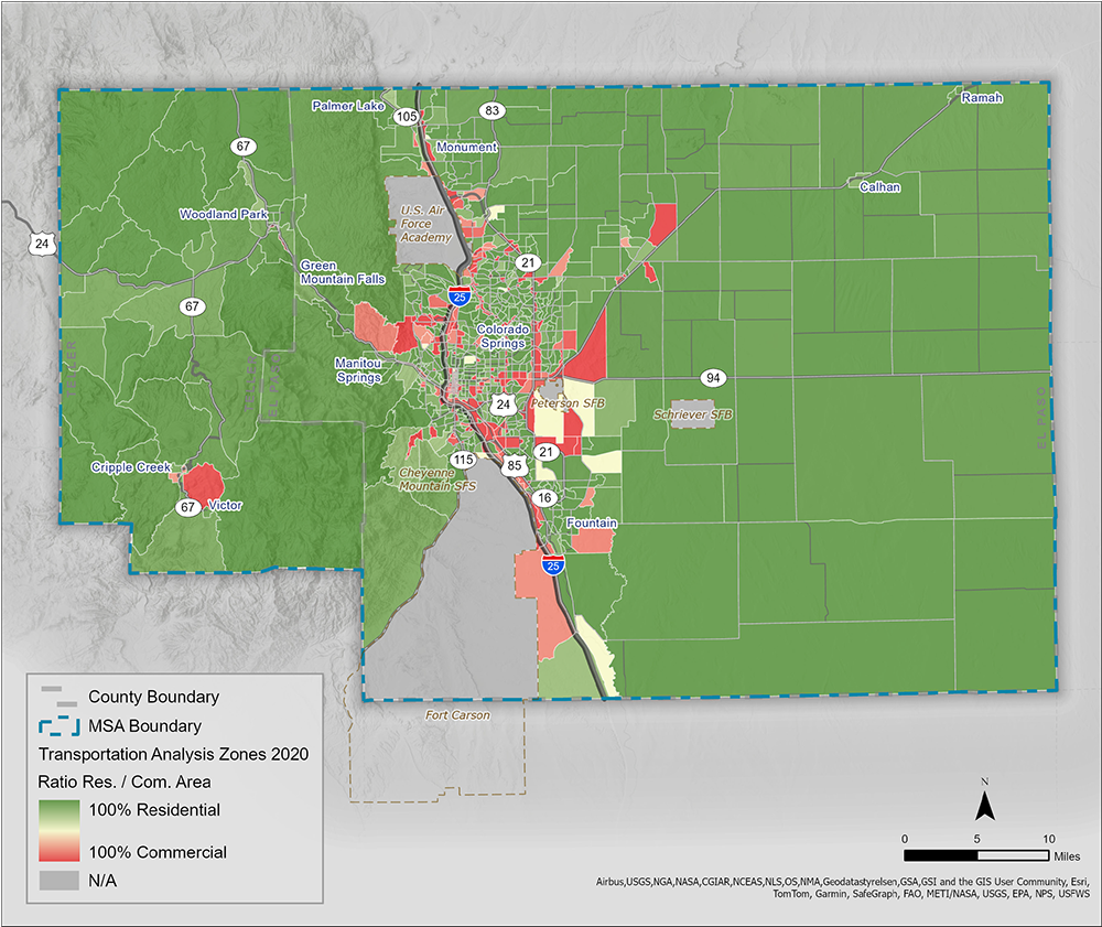 This map depicts the ratio of residential and commercial areas by TAZ in 2020.
