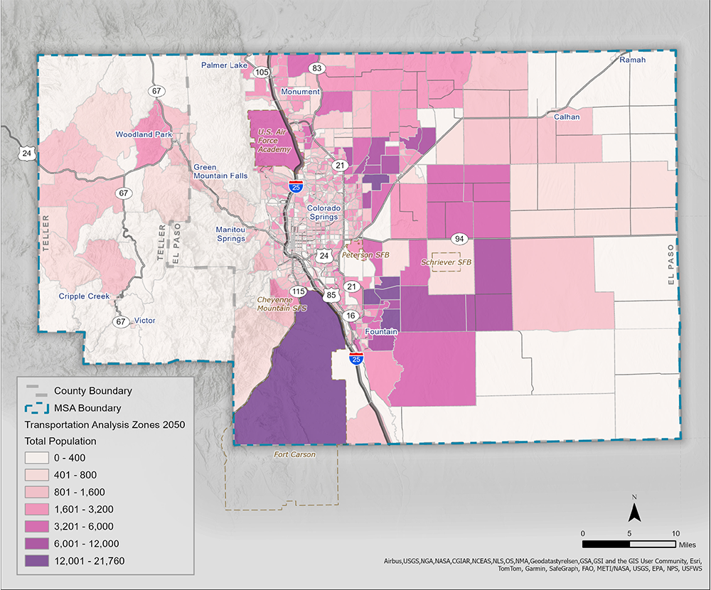 This map depicts the forecasted total population in 2050 by TAZ.