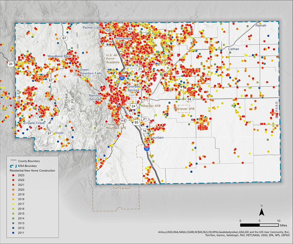 Map of new home construction labeled by year from 2011 through 2023.