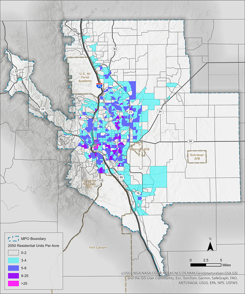 This map depicts the forecasted 2050 residential units per acre by TAZ. 