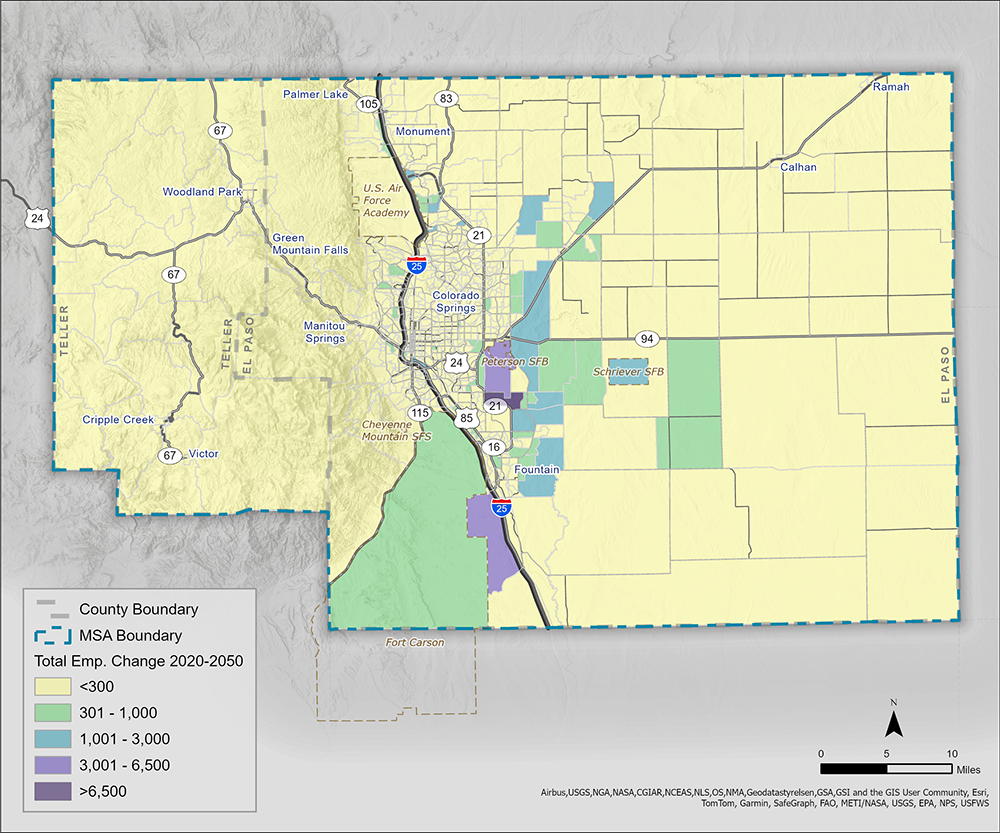 This map depicts the forecasted job change from 2020 to 2050 by TAZ.