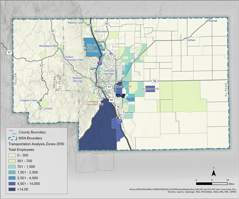 This map depicts the forecasted 2050 job total by TAZ. 