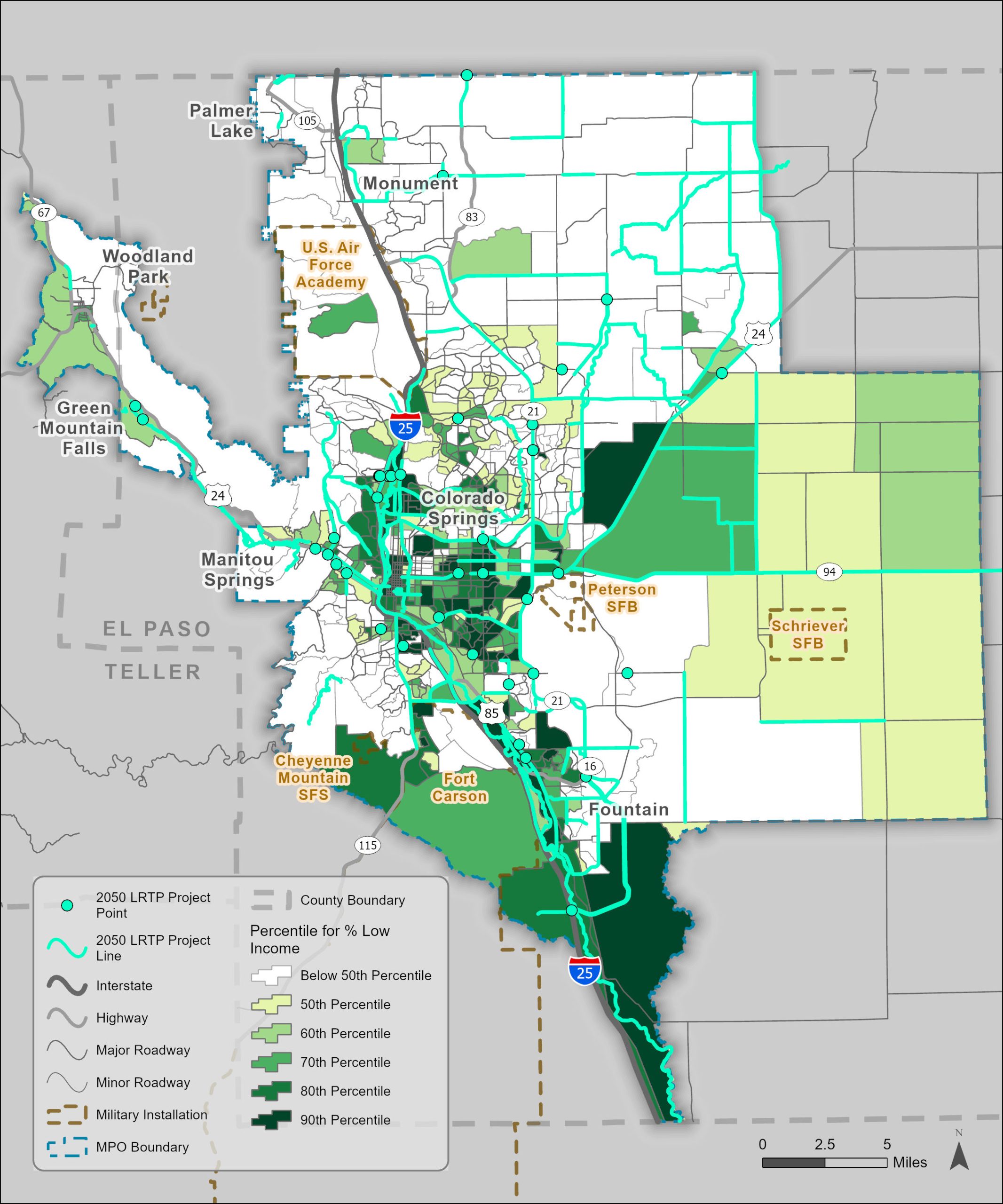Map of the Pikes Peak MPO comparing 2050 LRTP Project sites to the Percentile of Population with Low Income.