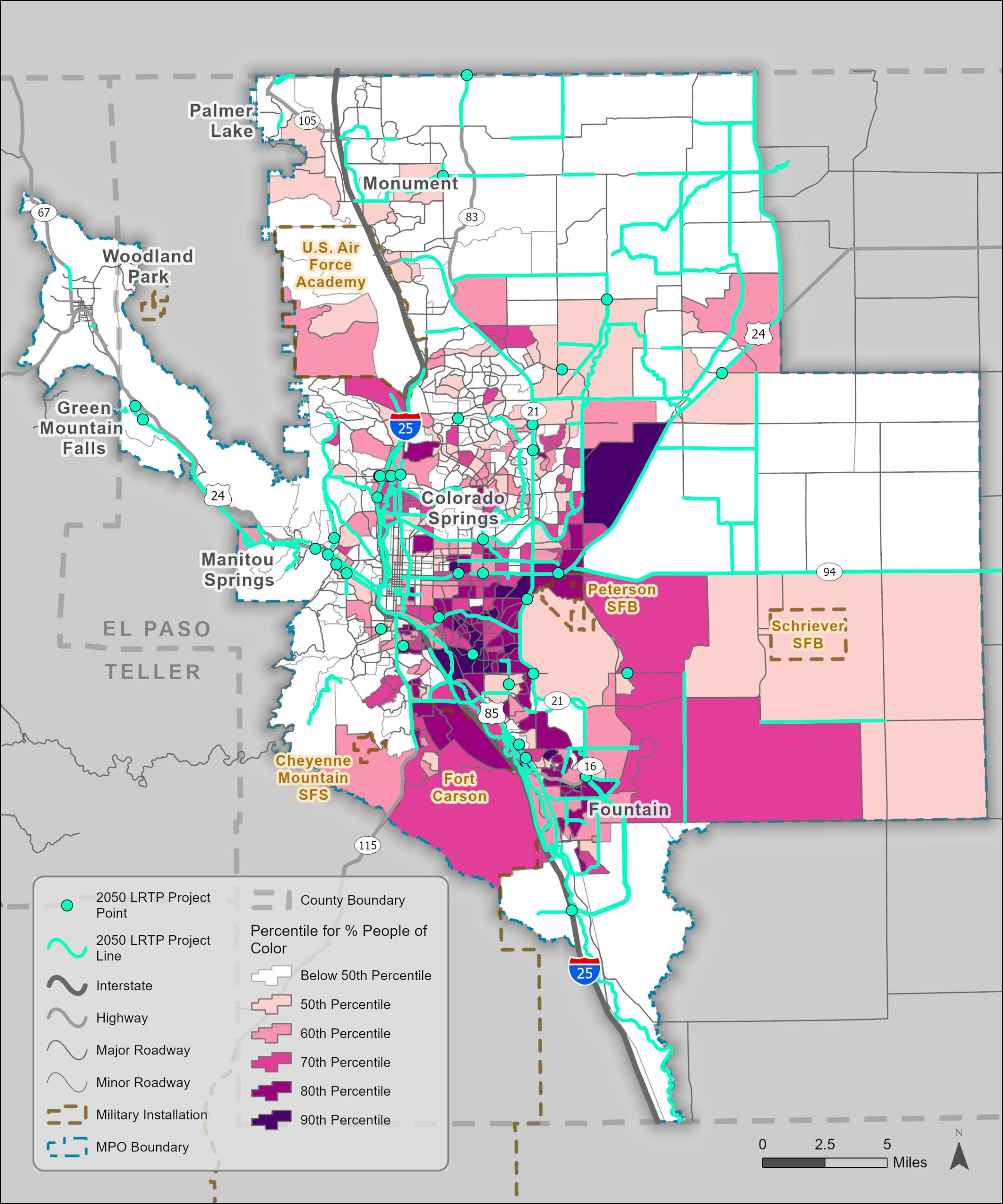 Map comparing the percentage of population within the Pikes Peak MPO that identify as People of Color in proximity to 2050 LRTP Project Points.