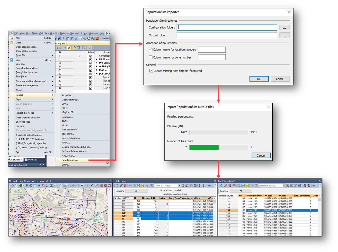 Diagram of screenshots showing the population simulation import procedure